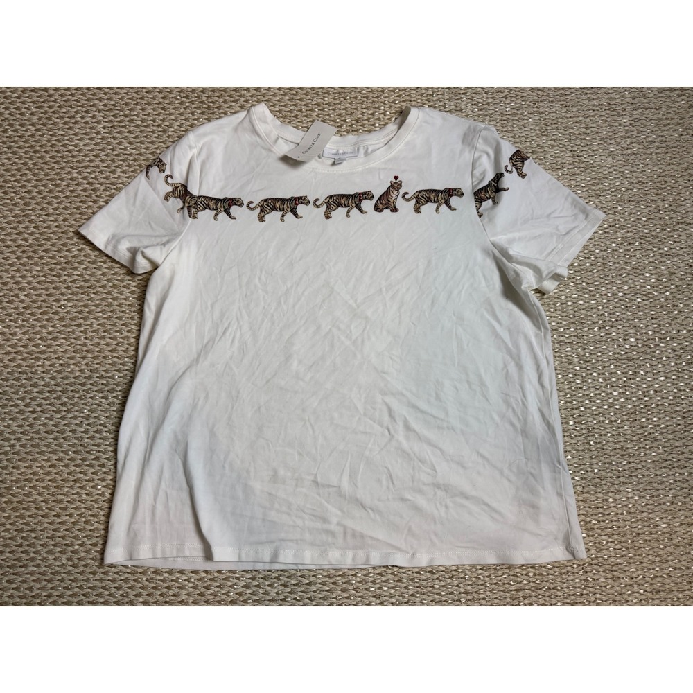 NEW Charter Club White Tiger Graphic T-Shirt XXL VDAY Tee rhinestone hearts cats